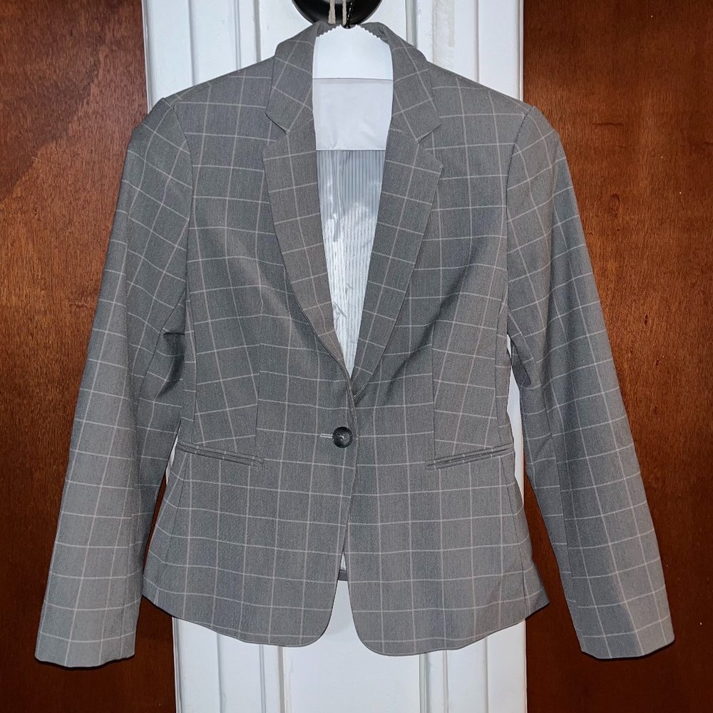 Express Stretch Blazer | Light Grey and Lilac Grid Print | Women's Size 6